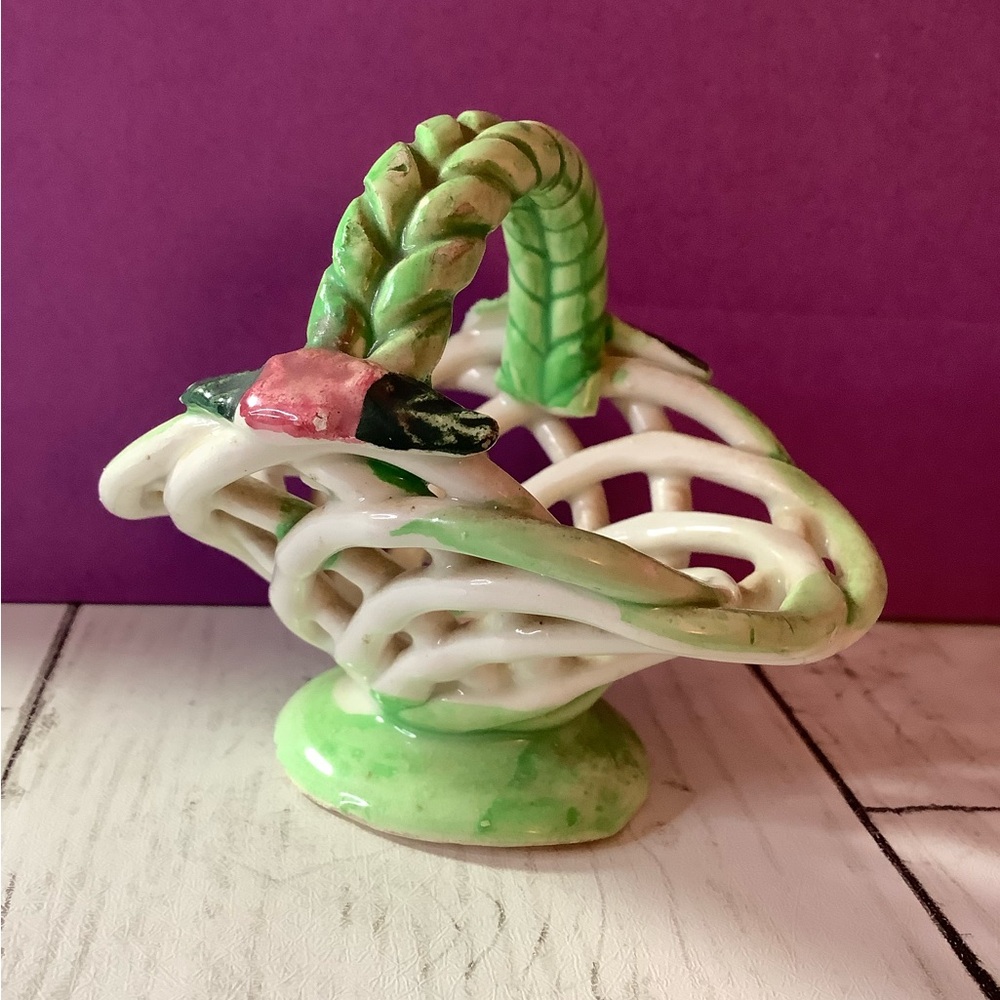 Mini Delicate Hand Painted Porcelain Pottery Rose Woven Basket from Spain Vtg